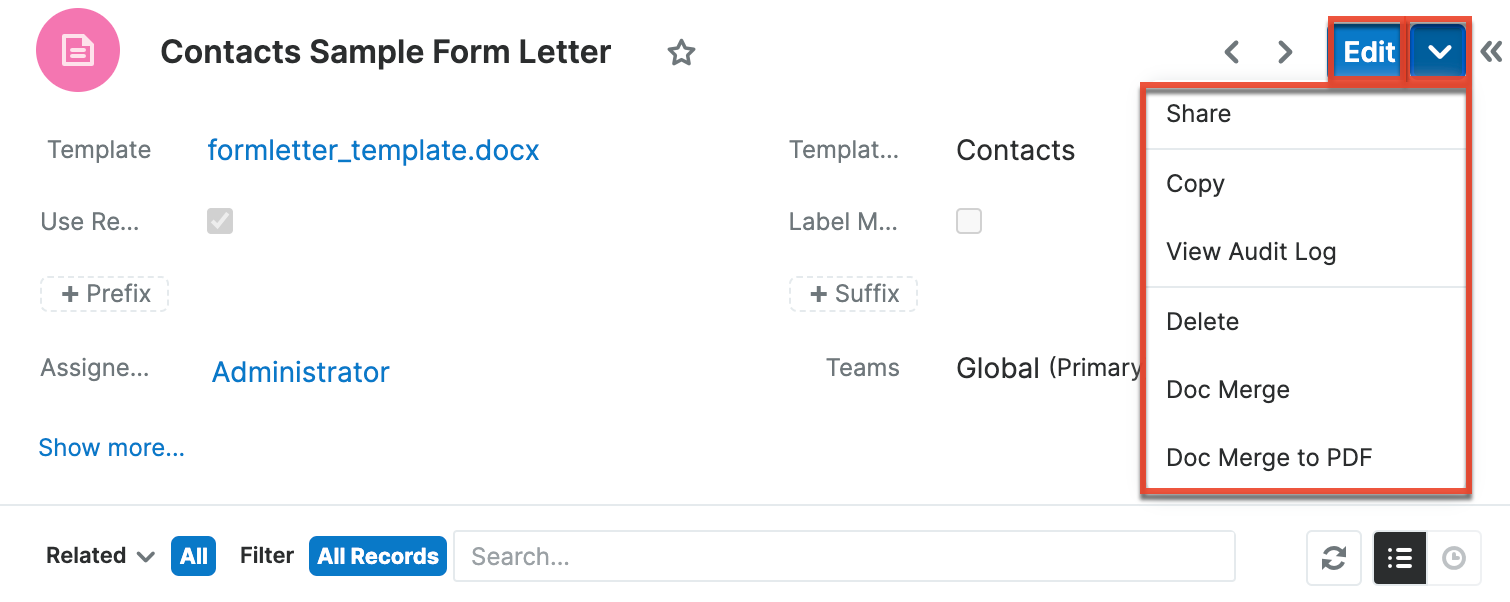 Document Templates record view Actions menu