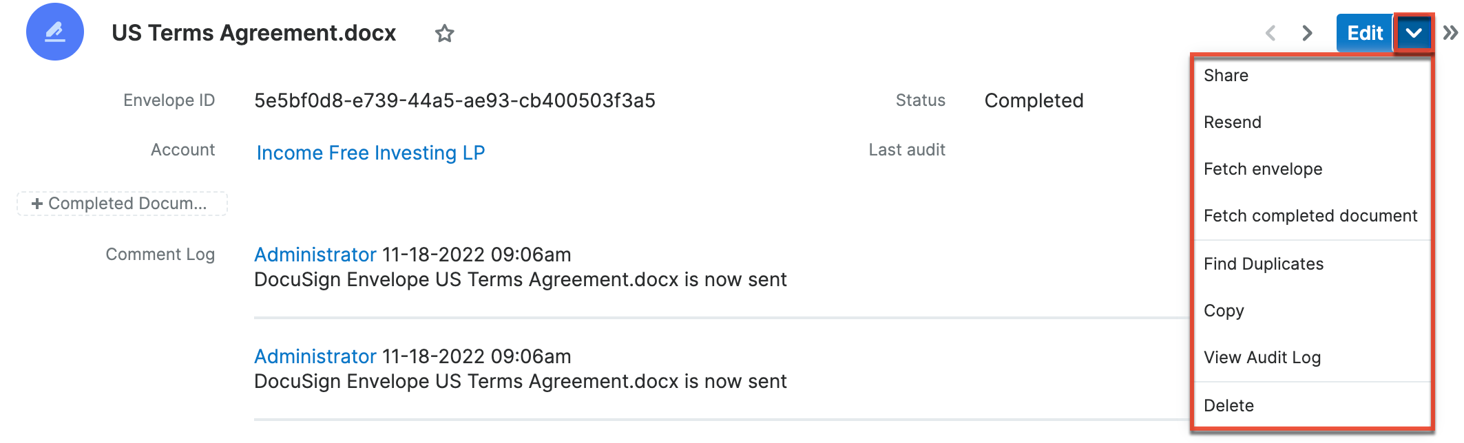 DocuSign record view actions menu