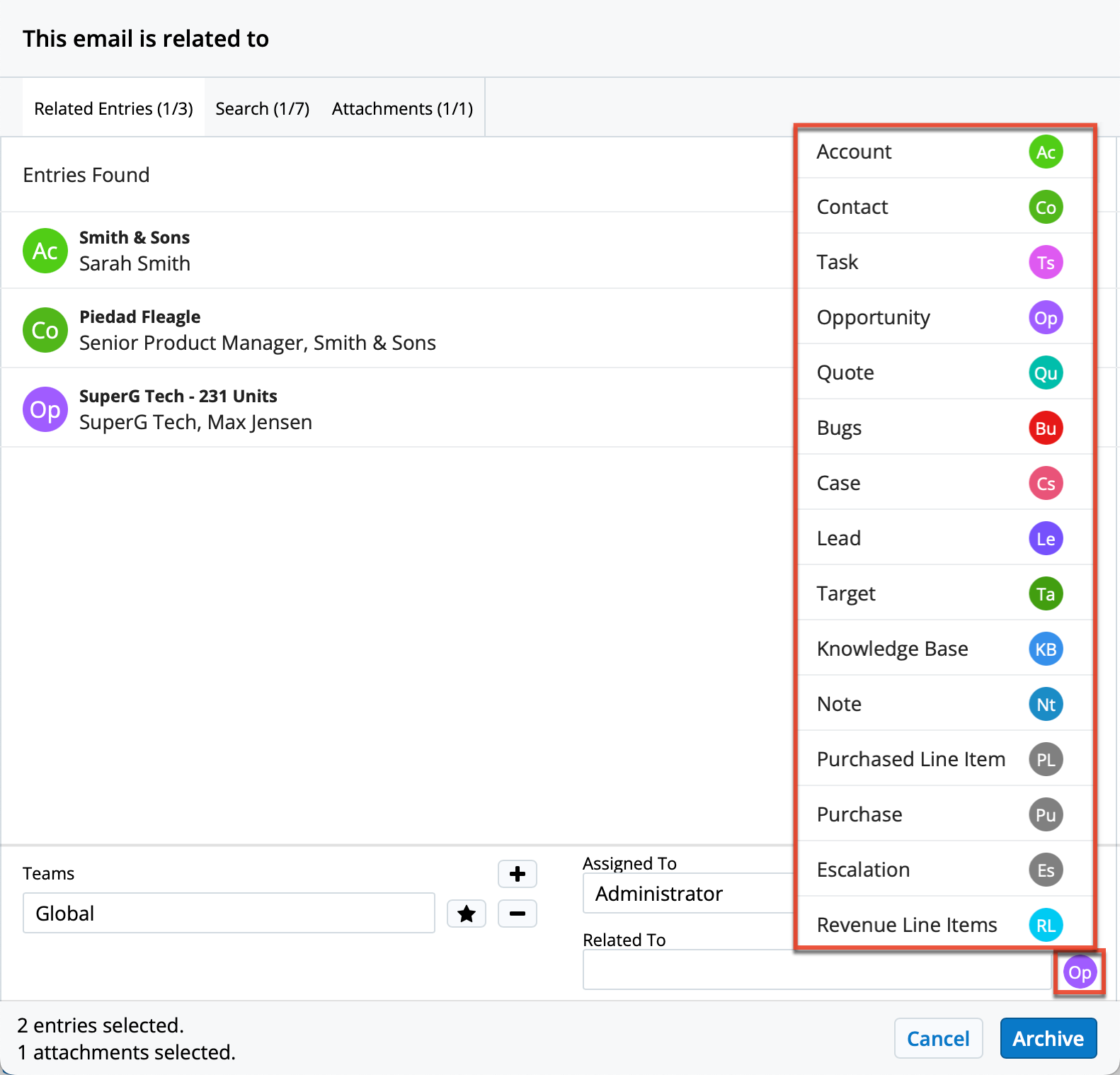 Archive With Options select "Related To" module