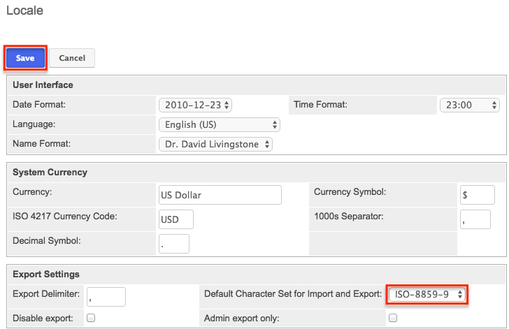 ADmin Locale DefaultCharacterSetforImpExpField