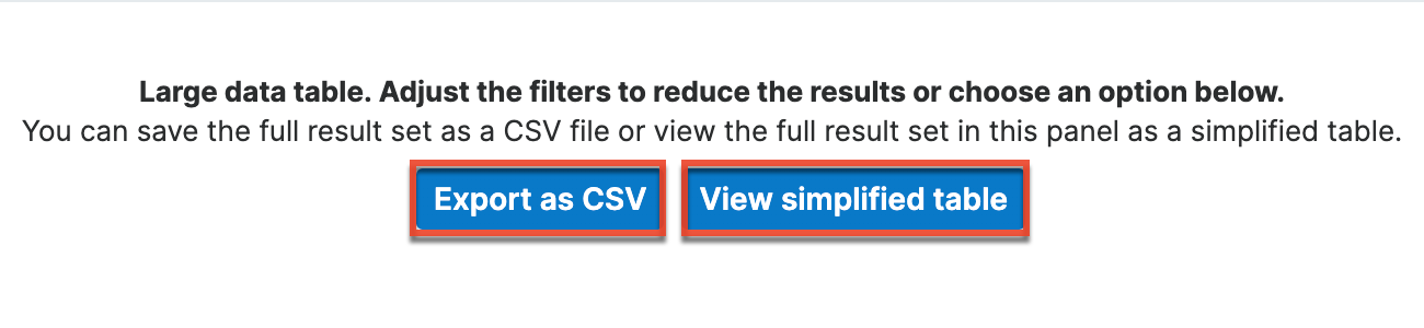Large report with the options to load simplified table or download CSV file