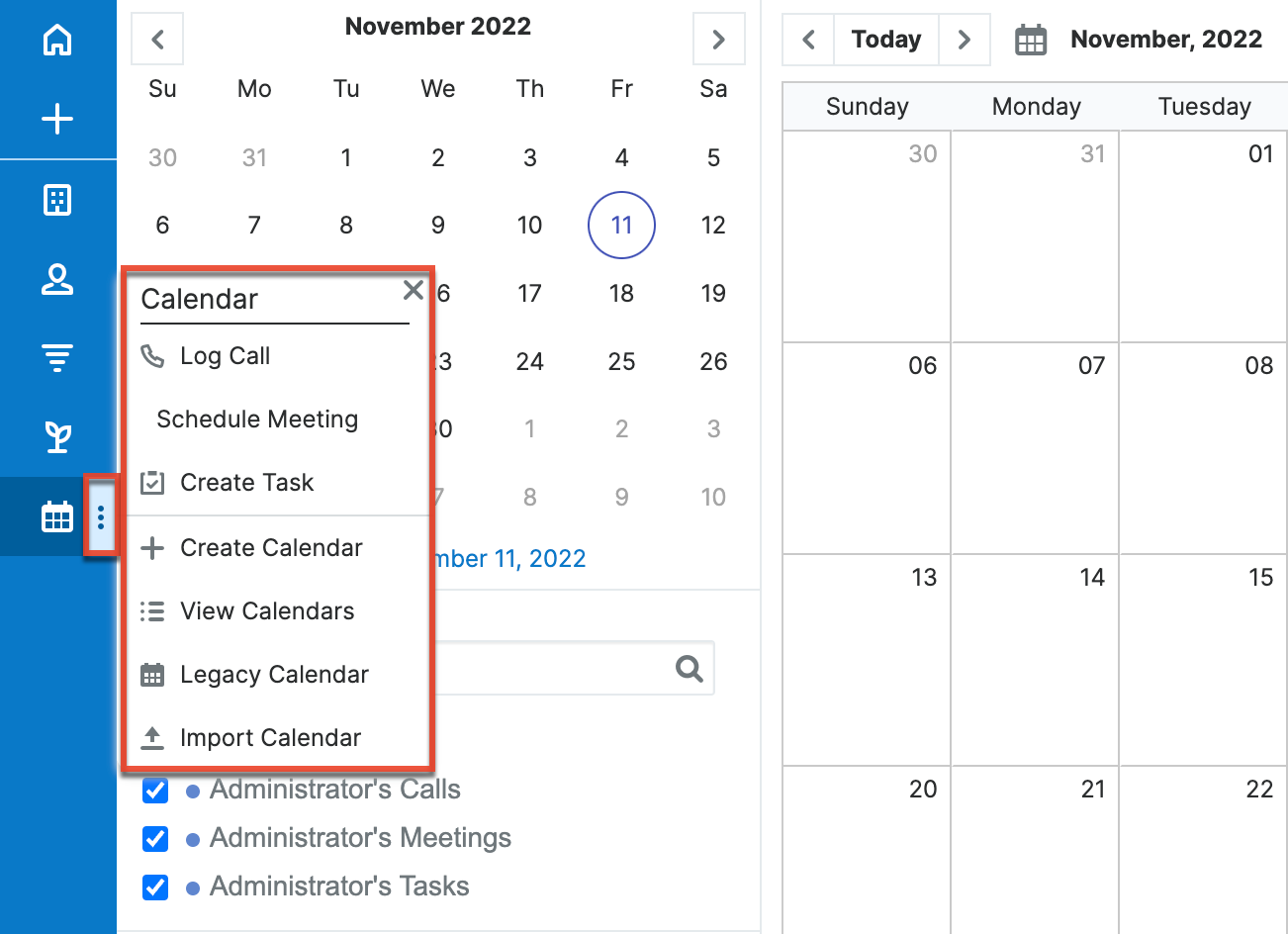 Calendar Actions menu