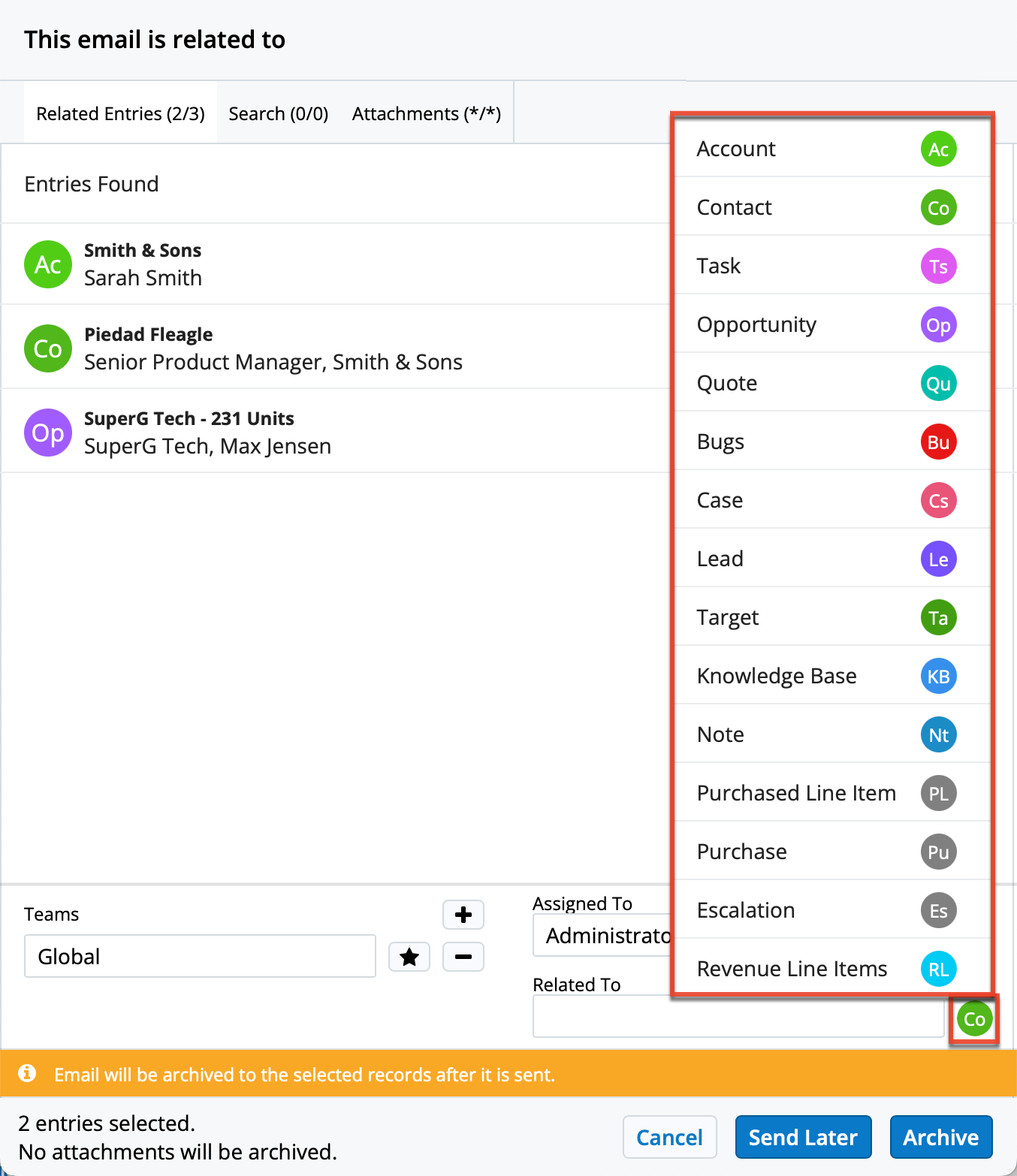Archive With Options set "Related To" module