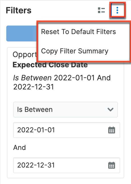 Filter panel actions menu