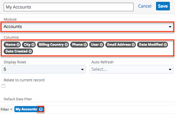 Dashboard AccountsLVDashlet Configuration