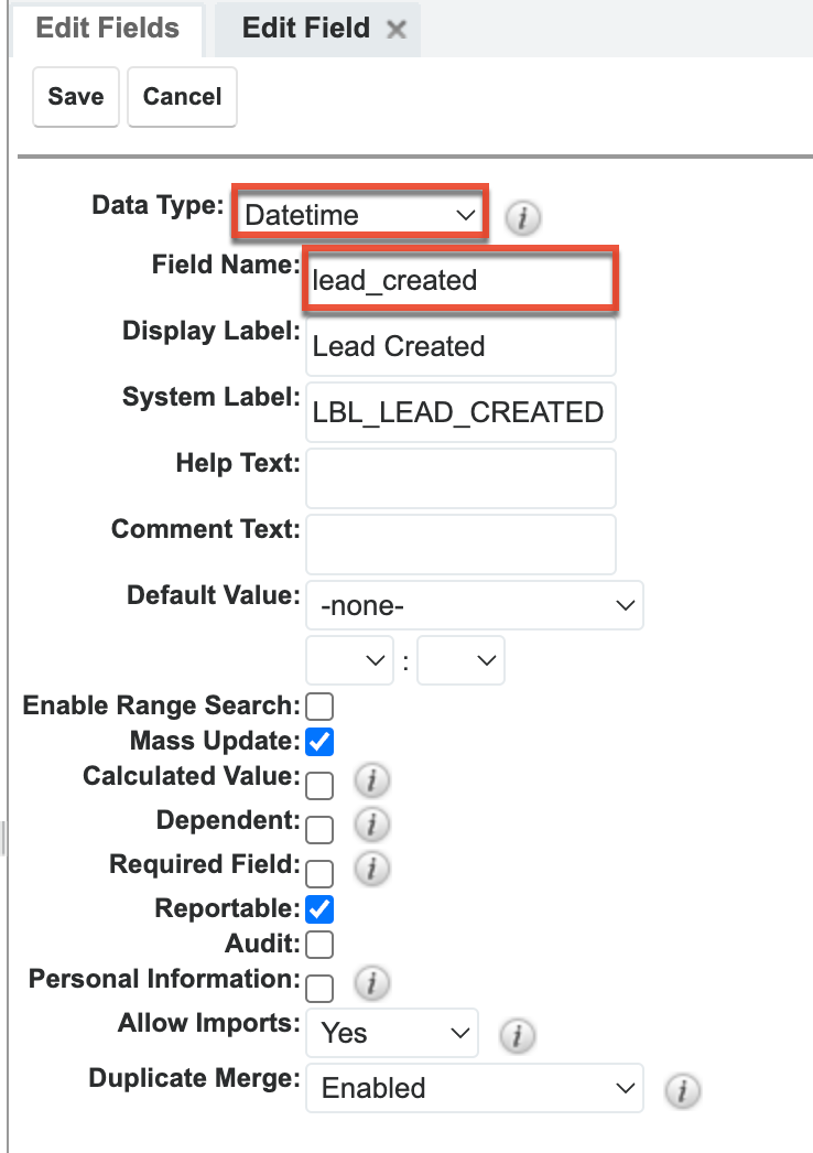 Contact lead created field