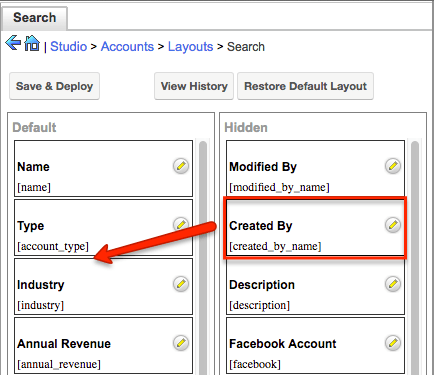 Studio AccountsSearchLayout DefaultColumn