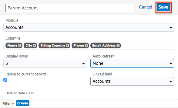 Dashboard AccountsLVDashlet Configuration Save