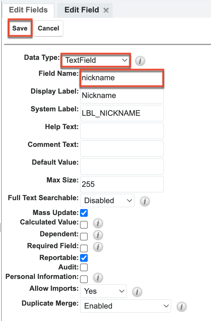 Configure Nickname Field