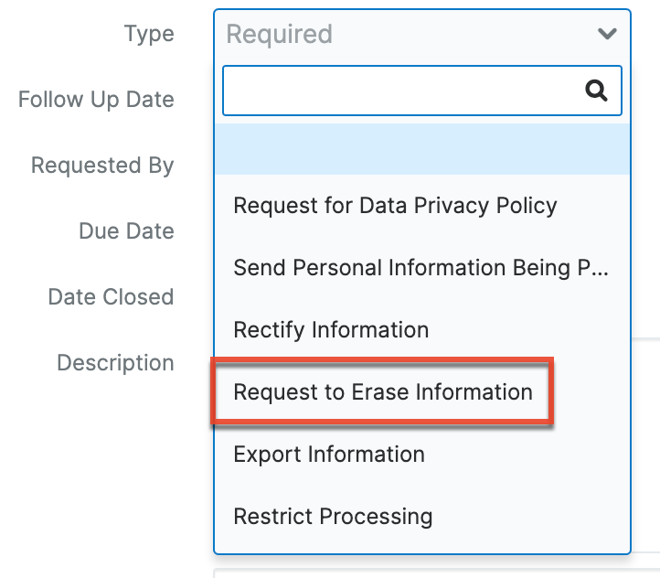 Select Request to Erase Information