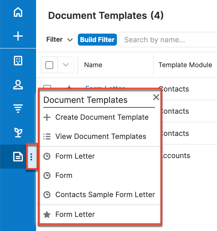 Document Templates module Actions menu
