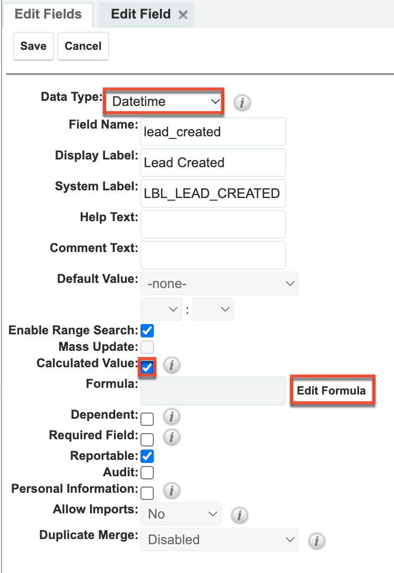 Edit Formula for field